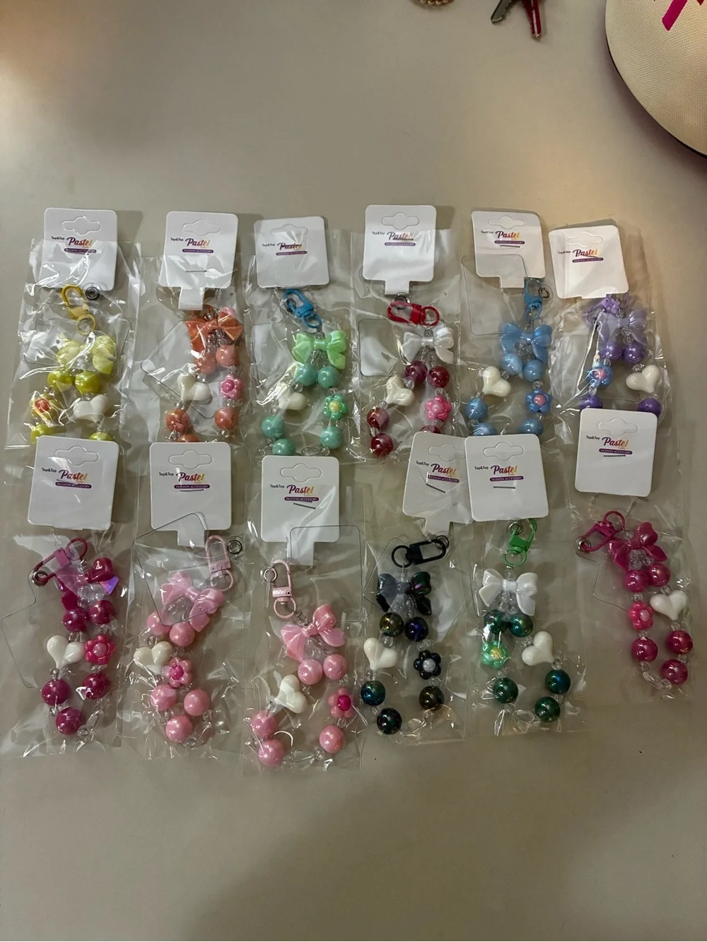 12- Cell phone charms wristlet Bow & beads Charm - Pastel Assorted Colors